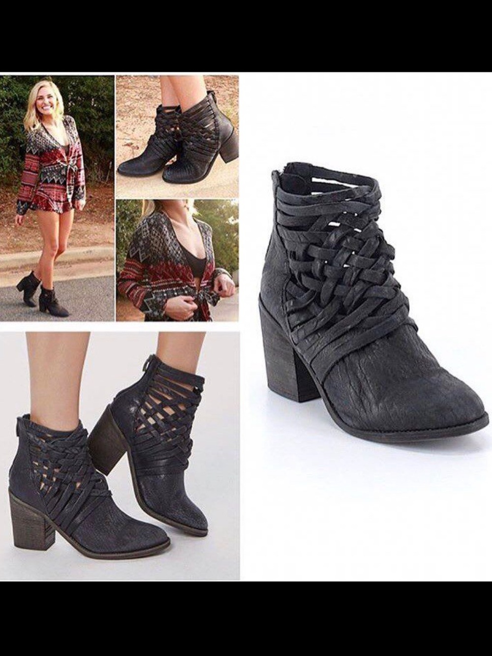 Free People Soft Black Woven Ankle Boots